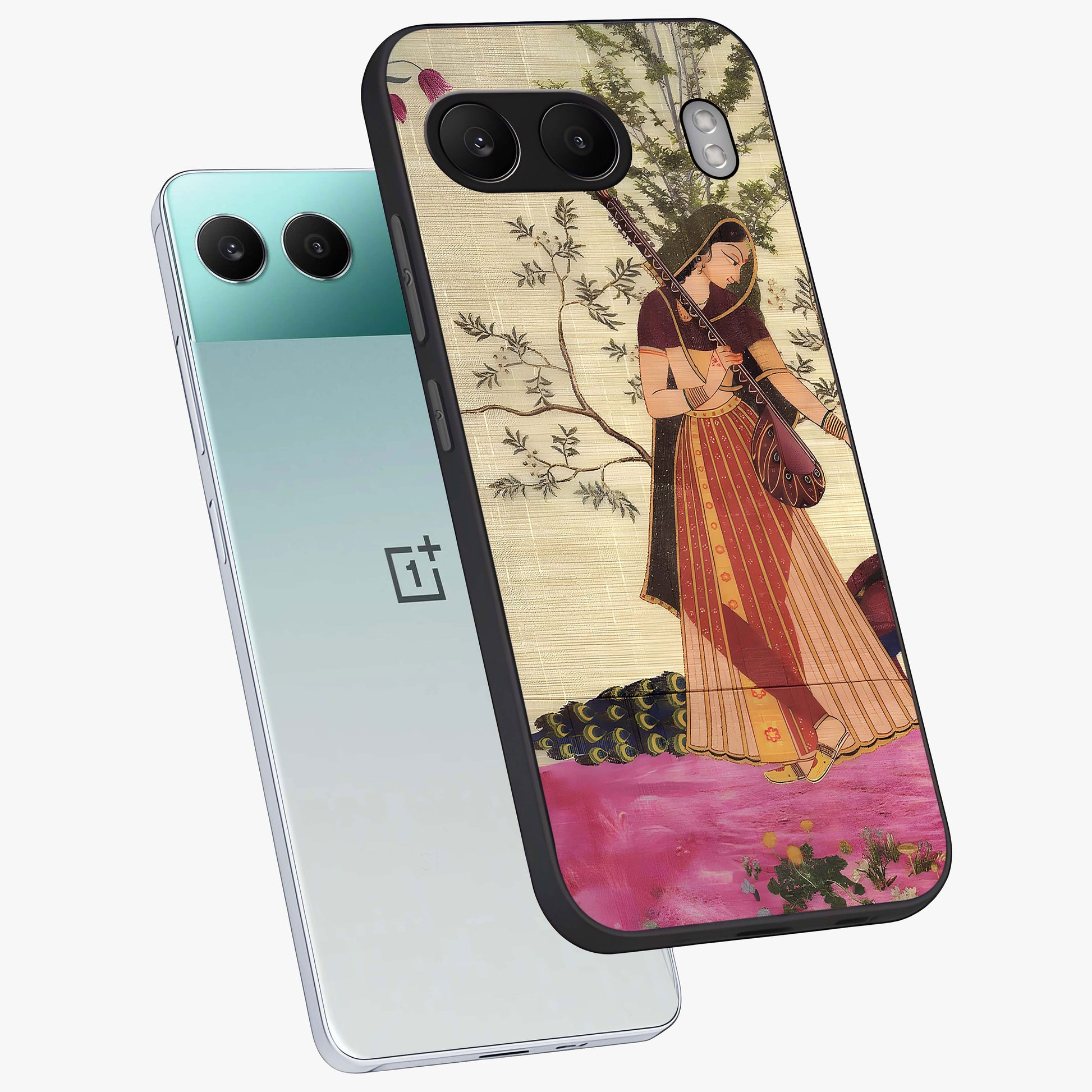 Lady With Veena Art Glass Case for 1+Nord 4 angled mockup showcasing glossy finish and refined artistic detailing