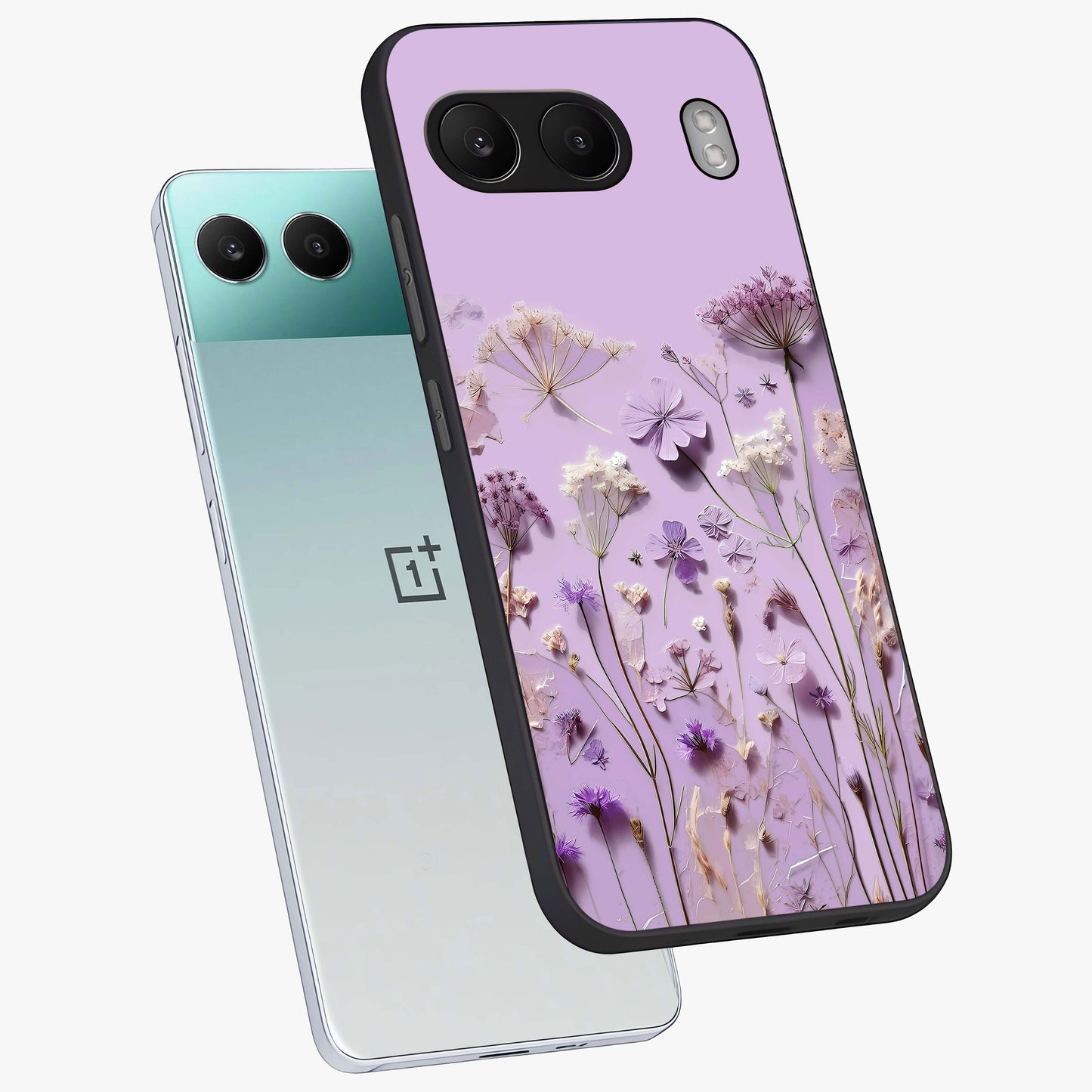Lavender Blossom Dream Glass Case for 1+Nord 4 angled mockup showcasing glossy finish and pastel purple tones