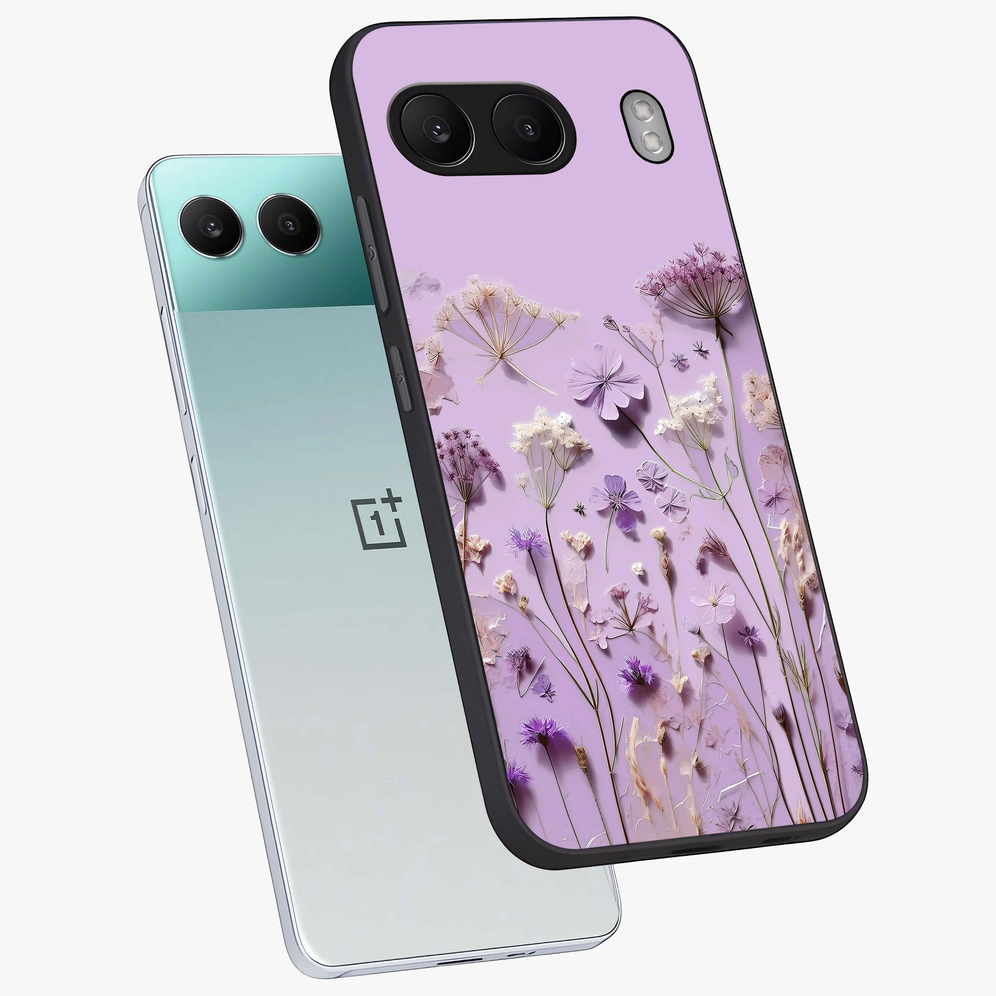 Lavender Blossom Dream Glass Case for 1+Nord 4 angled mockup showcasing glossy finish and pastel purple tones