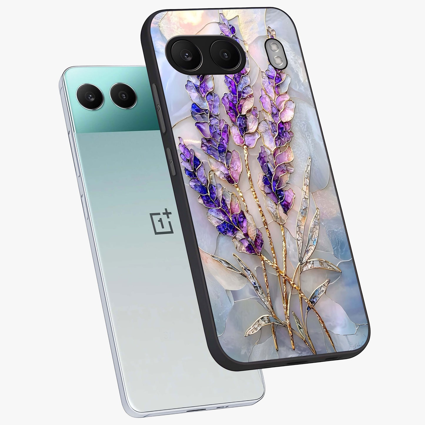Lavender Dream Glow Glass Case for 1+Nord 4 angled mockup showcasing glossy finish and luminous purple gradients