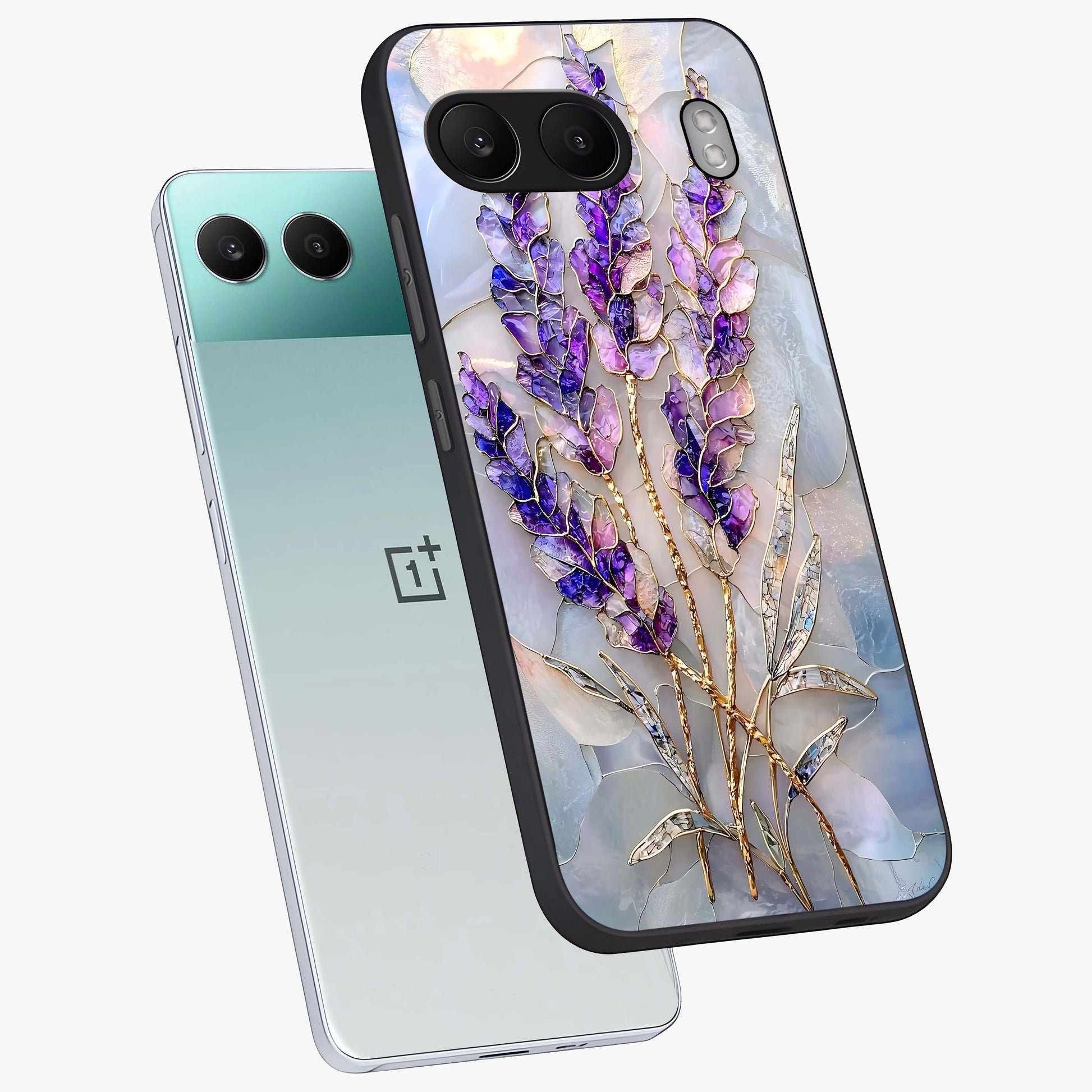 Lavender Dream Glow Glass Case for 1+Nord 4 angled mockup showcasing glossy finish and luminous purple gradients
