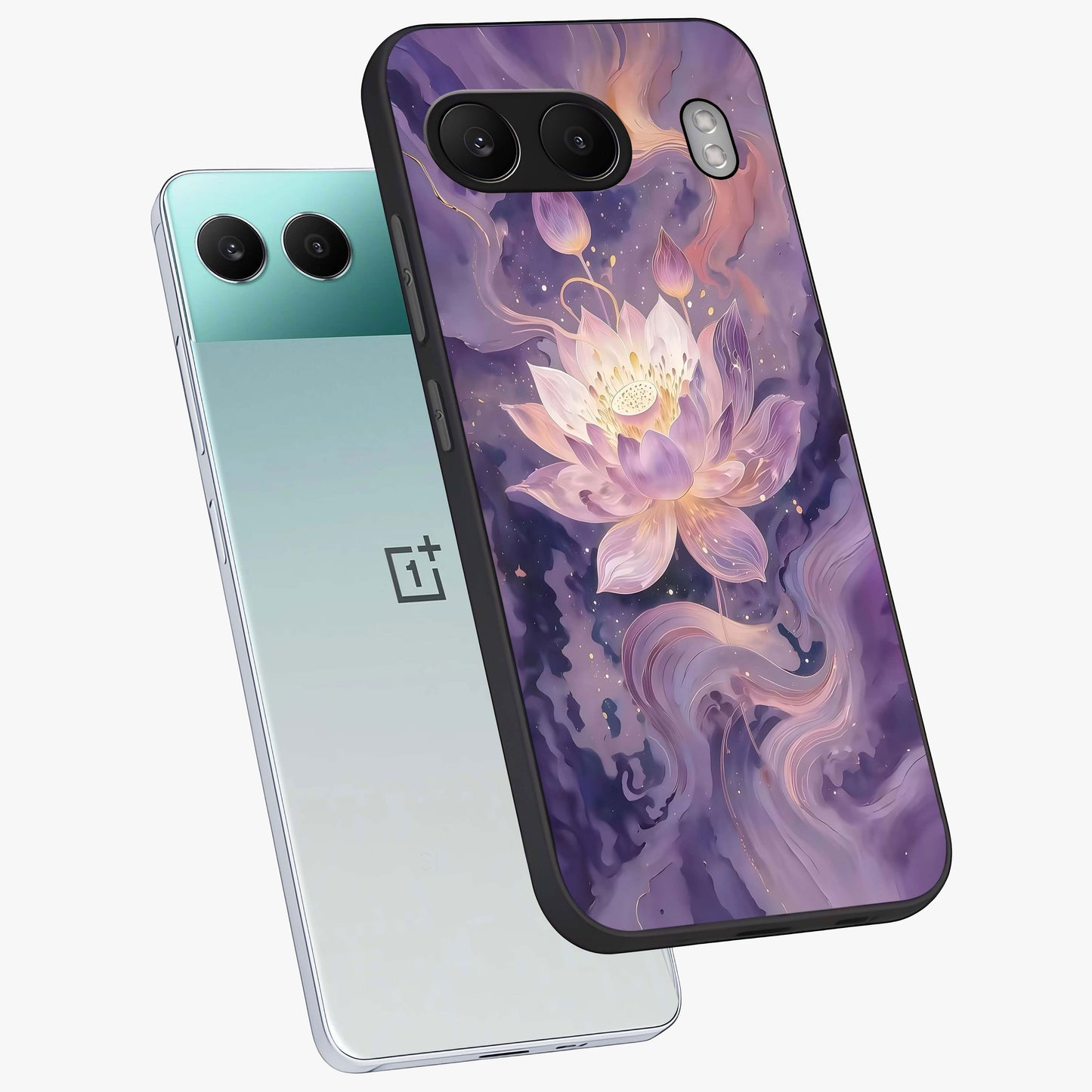 Lavender Lotus Muse Glass Case for 1+Nord 4 angled mockup showcasing glossy finish and refined floral detailing
