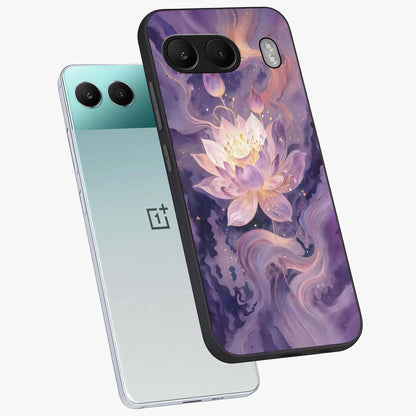 Lavender Lotus Muse Glass Case for 1+Nord 4 angled mockup showcasing glossy finish and refined floral detailing