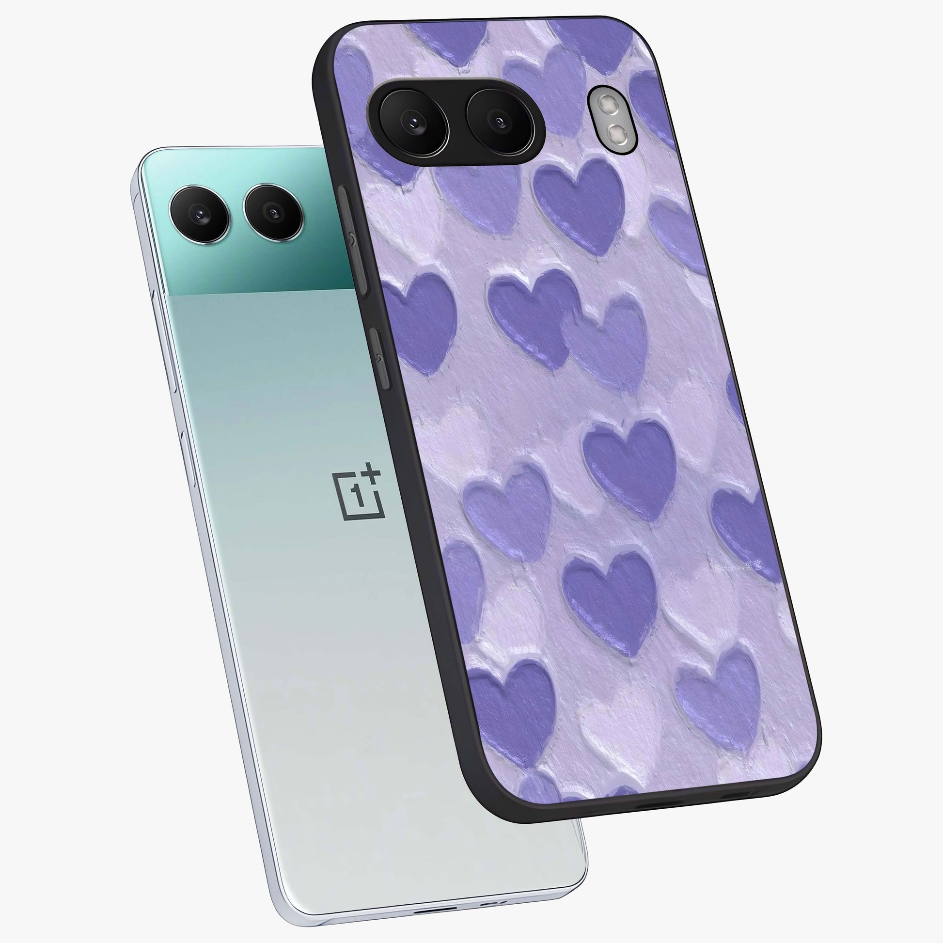 Lavender Paper Hearts Glass Case for 1+Nord 4 angled mockup showcasing glossy finish and playful pastel detailing