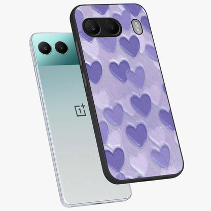 Lavender Paper Hearts Glass Case for 1+Nord 4 angled mockup showcasing glossy finish and playful pastel detailing