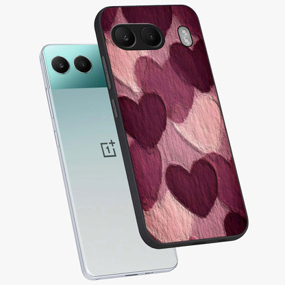 Layered Paper Hearts Glass Case for 1+Nord 4 angled mockup showcasing glossy finish and soft romantic tones