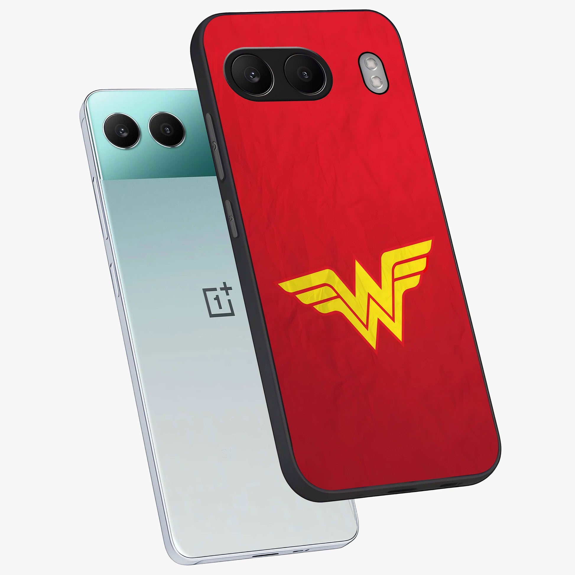 Legendary Wonder Power Glass Case for 1+Nord 4 angled mockup showcasing glossy finish and vibrant power tones