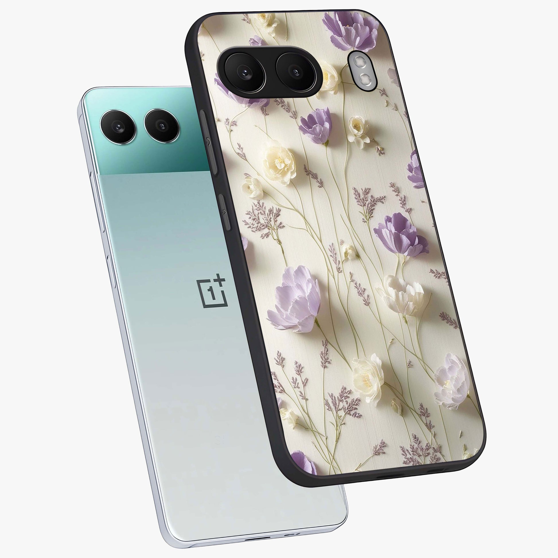 Lilac Breeze Harmony Glass Case for 1+Nord 4 angled mockup showcasing glossy finish and pastel purple tones