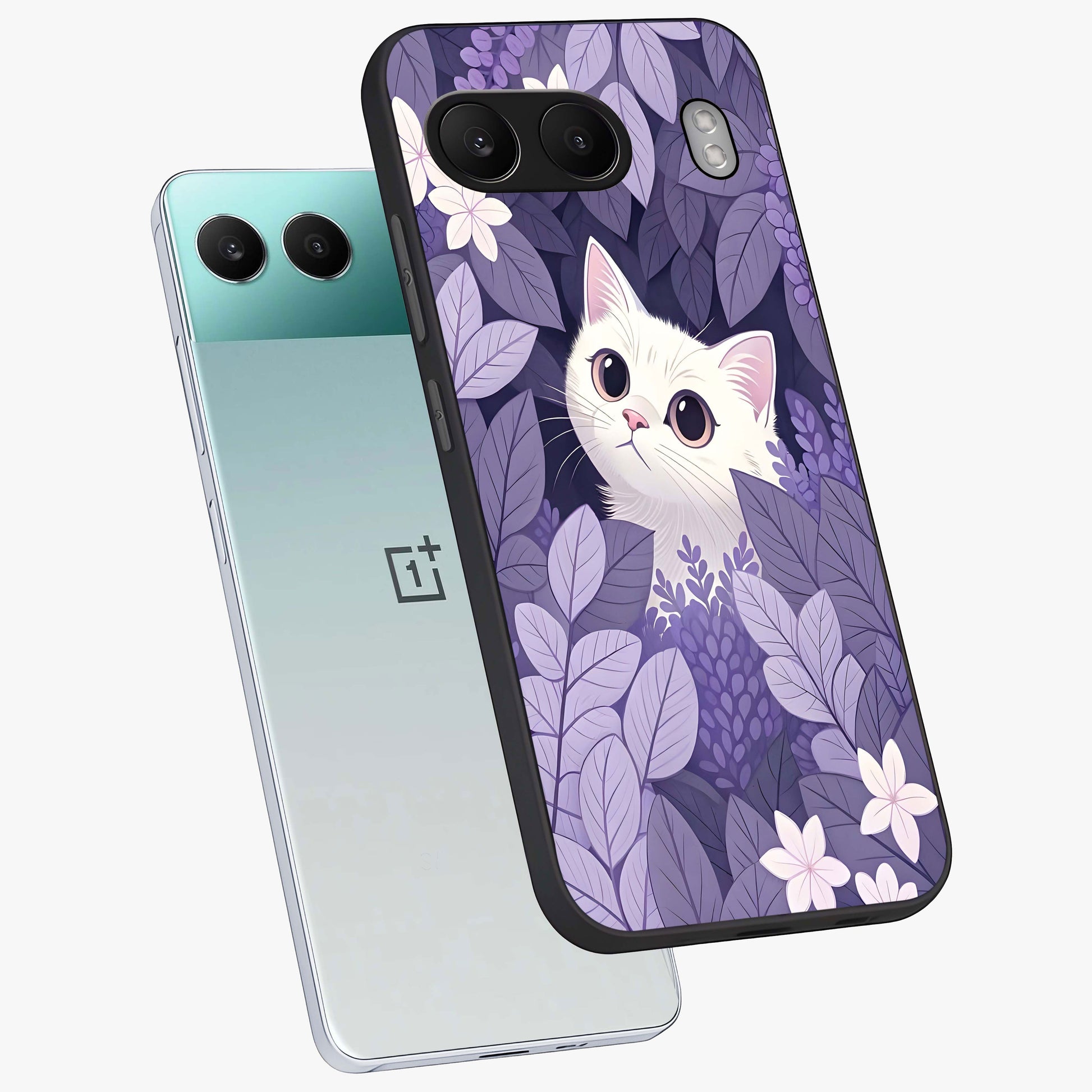 Lilac Hide Peek Cat Glass Case for 1+Nord 4 angled mockup showcasing glossy finish and cute character detailing