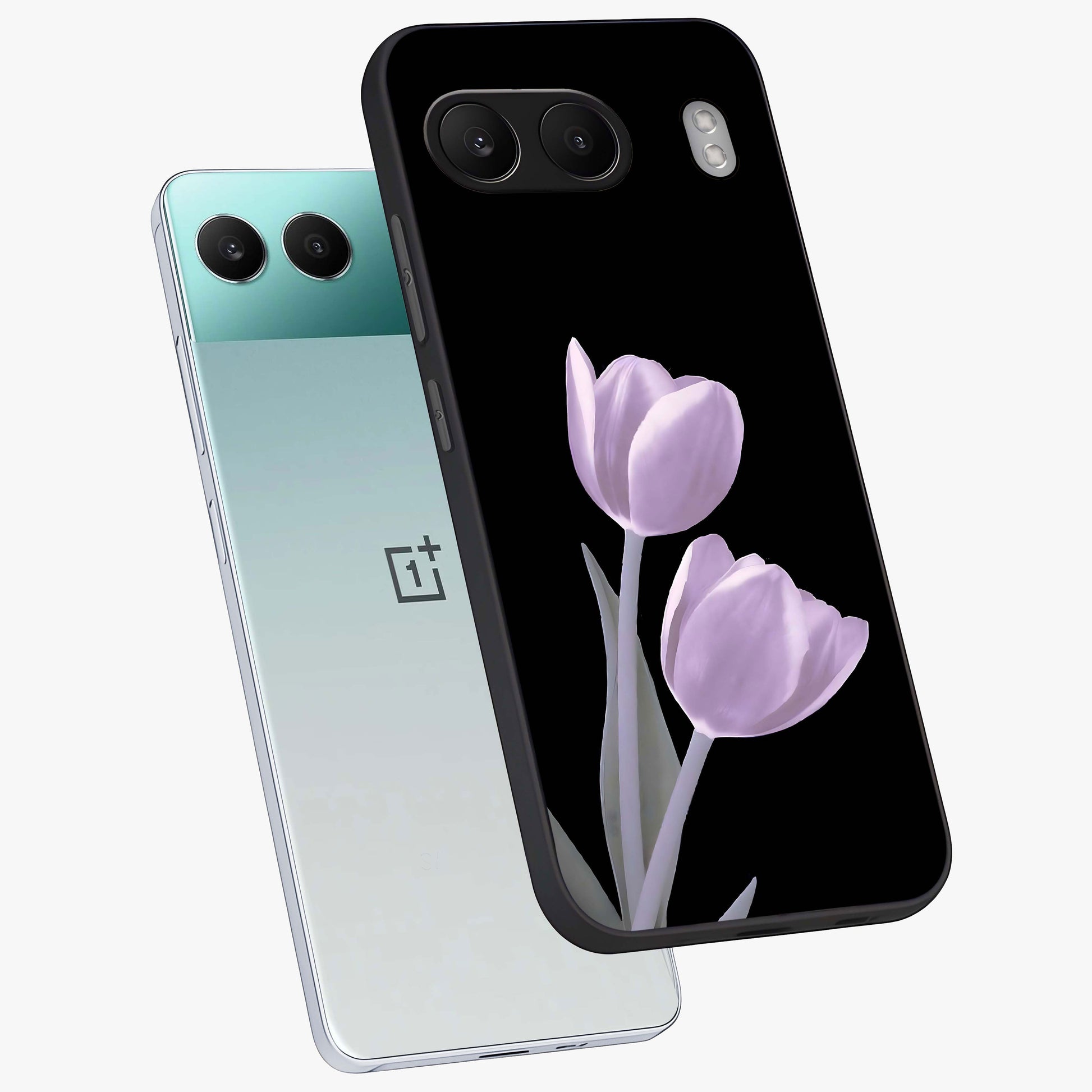Lilac Tulip Flowers Glass Case for 1+Nord 4 angled mockup showcasing glossy finish and delicate bloom detailing
