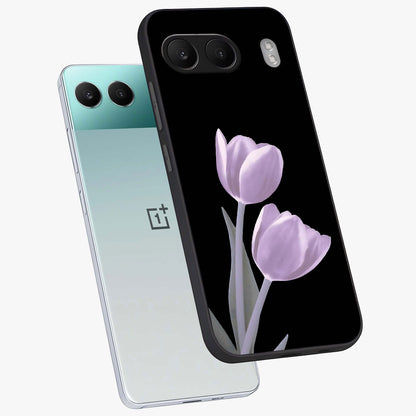 Lilac Tulip Flowers Glass Case for 1+Nord 4 angled mockup showcasing glossy finish and delicate bloom detailing