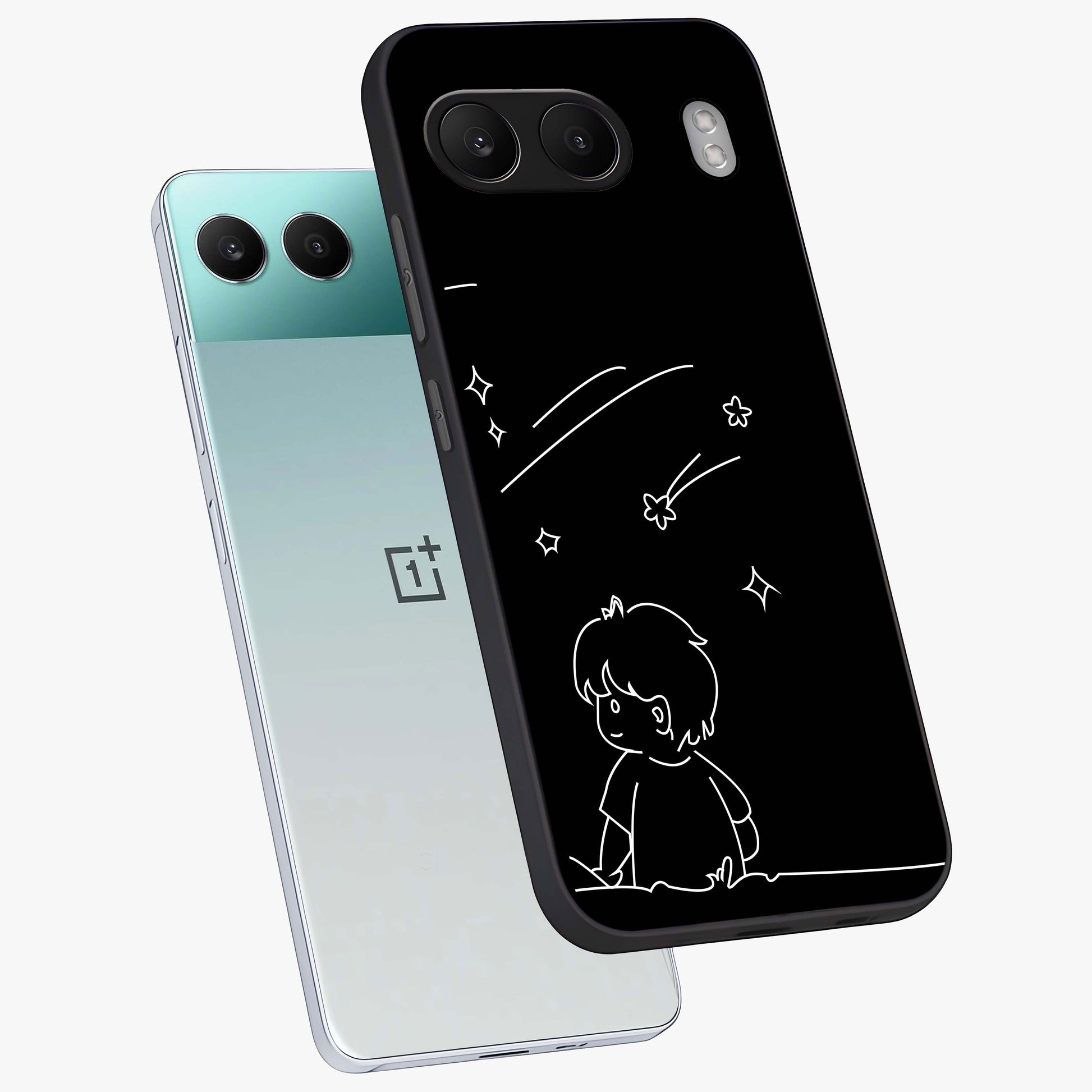 Line Art Boy With Shooting Stars Glass Case for 1+Nord 4 angled mockup showcasing glossy finish and clean monochrome detailing
