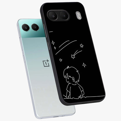 Line Art Boy With Shooting Stars Glass Case for 1+Nord 4 angled mockup showcasing glossy finish and clean monochrome detailing