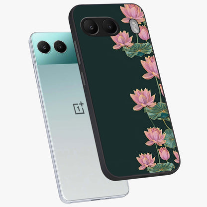 Lotus Bloom Serenity Glass Case for 1+Nord 4 angled mockup showcasing glossy glass finish and calming tones