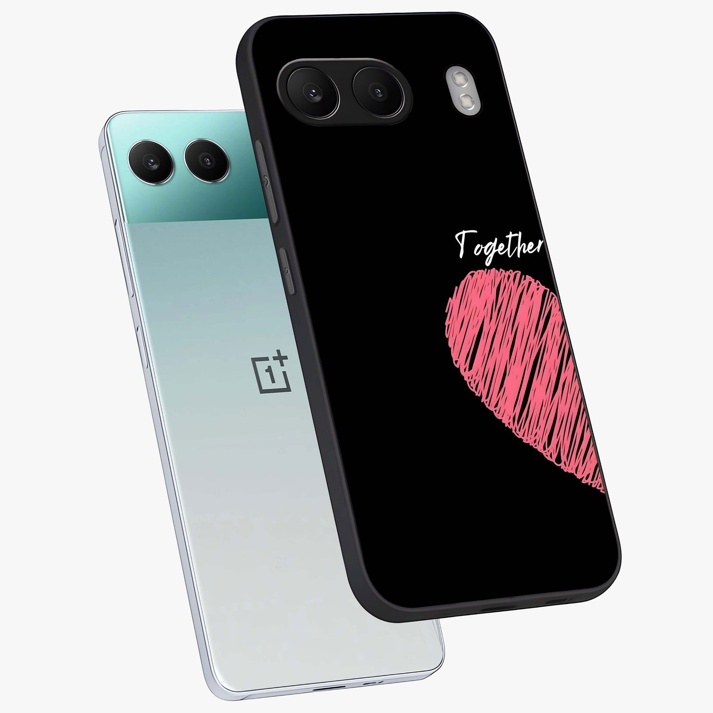 Love Forever Together Left Glass Case for 1+Nord 4 angled mockup showcasing glossy finish and soft love inspired tones