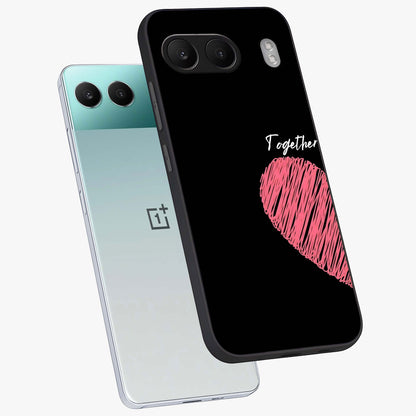 Love Forever Together Left Glass Case for 1+Nord 4 angled mockup showcasing glossy finish and soft love inspired tones