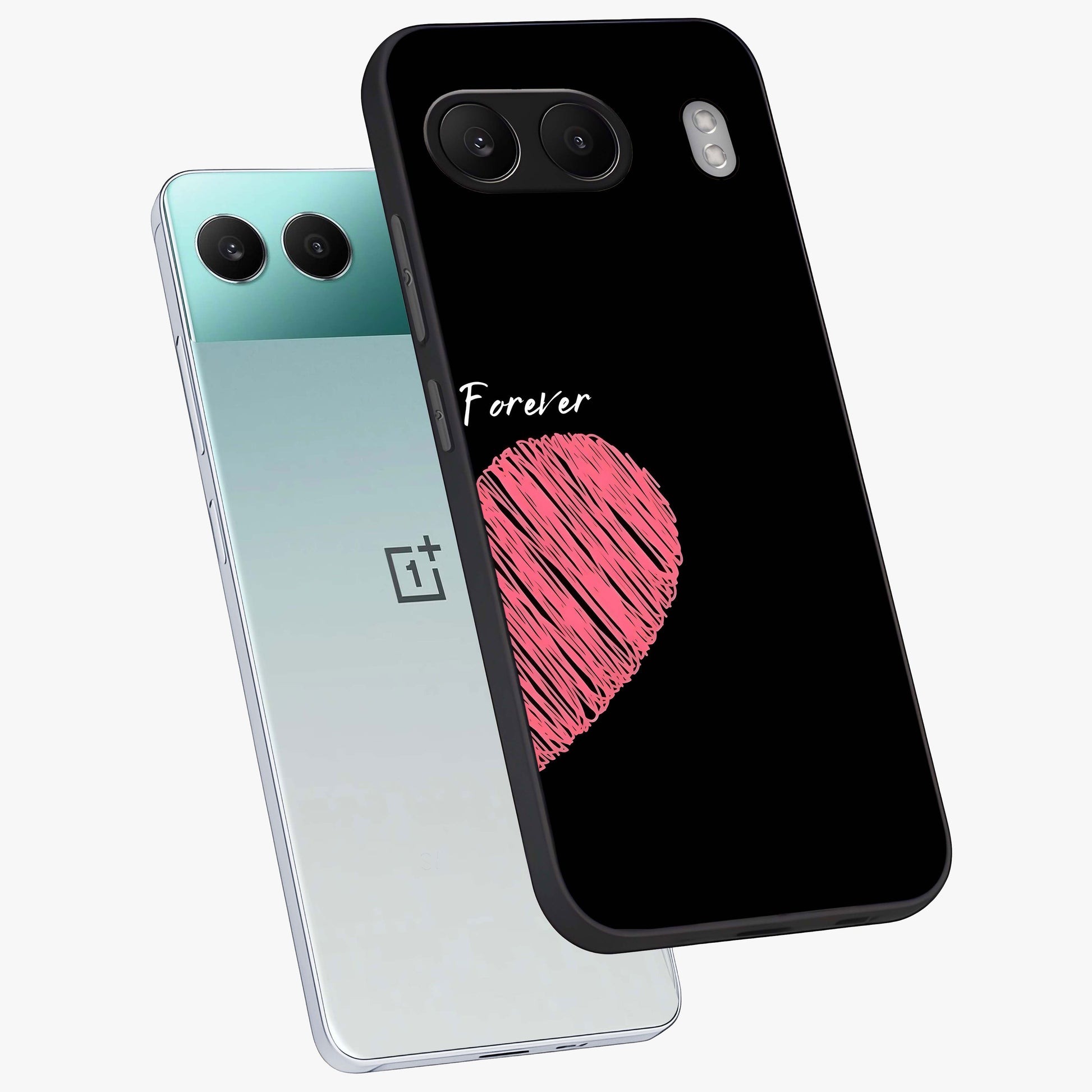 Love Forever Together Right Glass Case for 1+Nord 4 angled mockup showcasing glossy finish and warm aesthetic tones