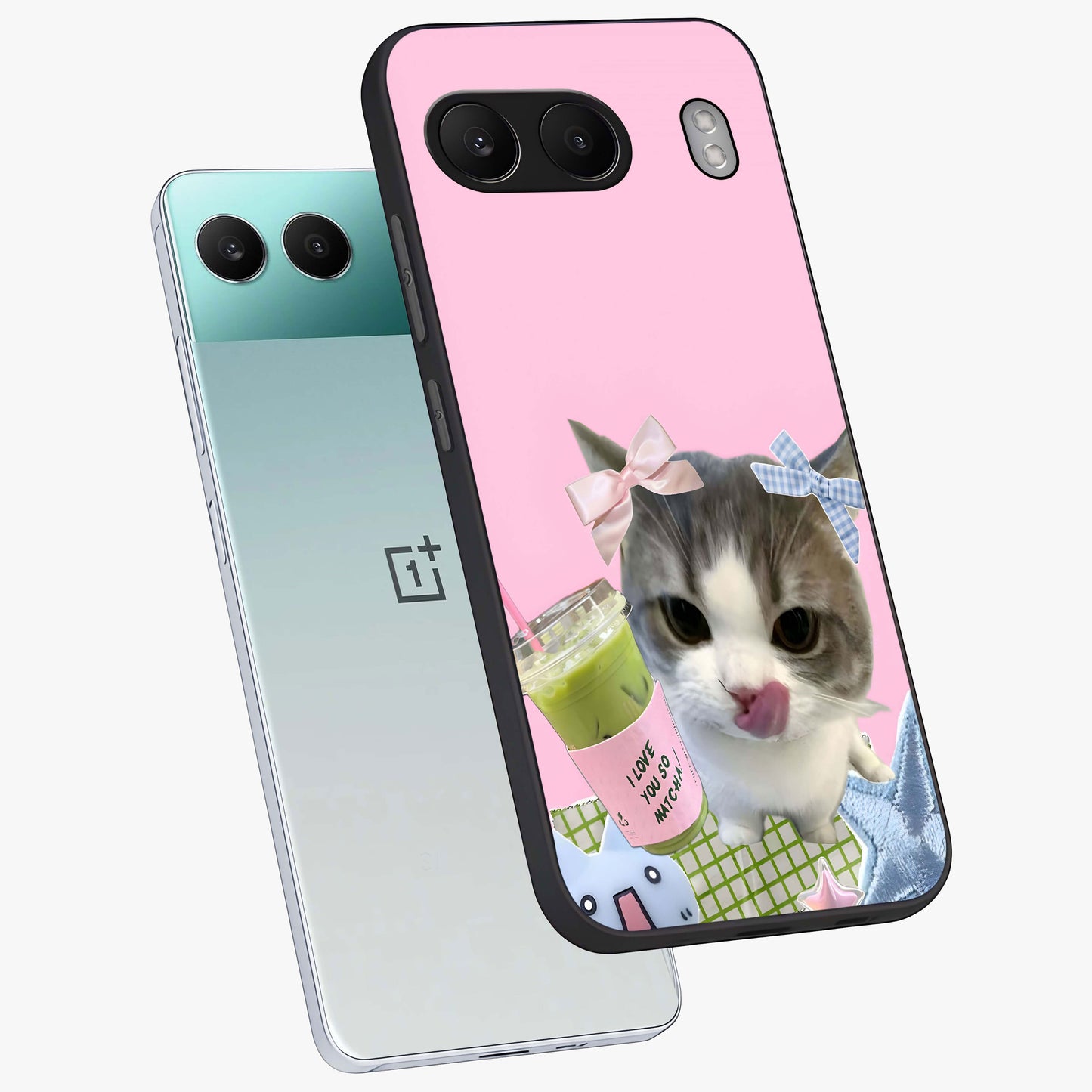 Love Matcha Cat Glass Case for 1+Nord 4 angled mockup showcasing glossy finish and playful pastel tones