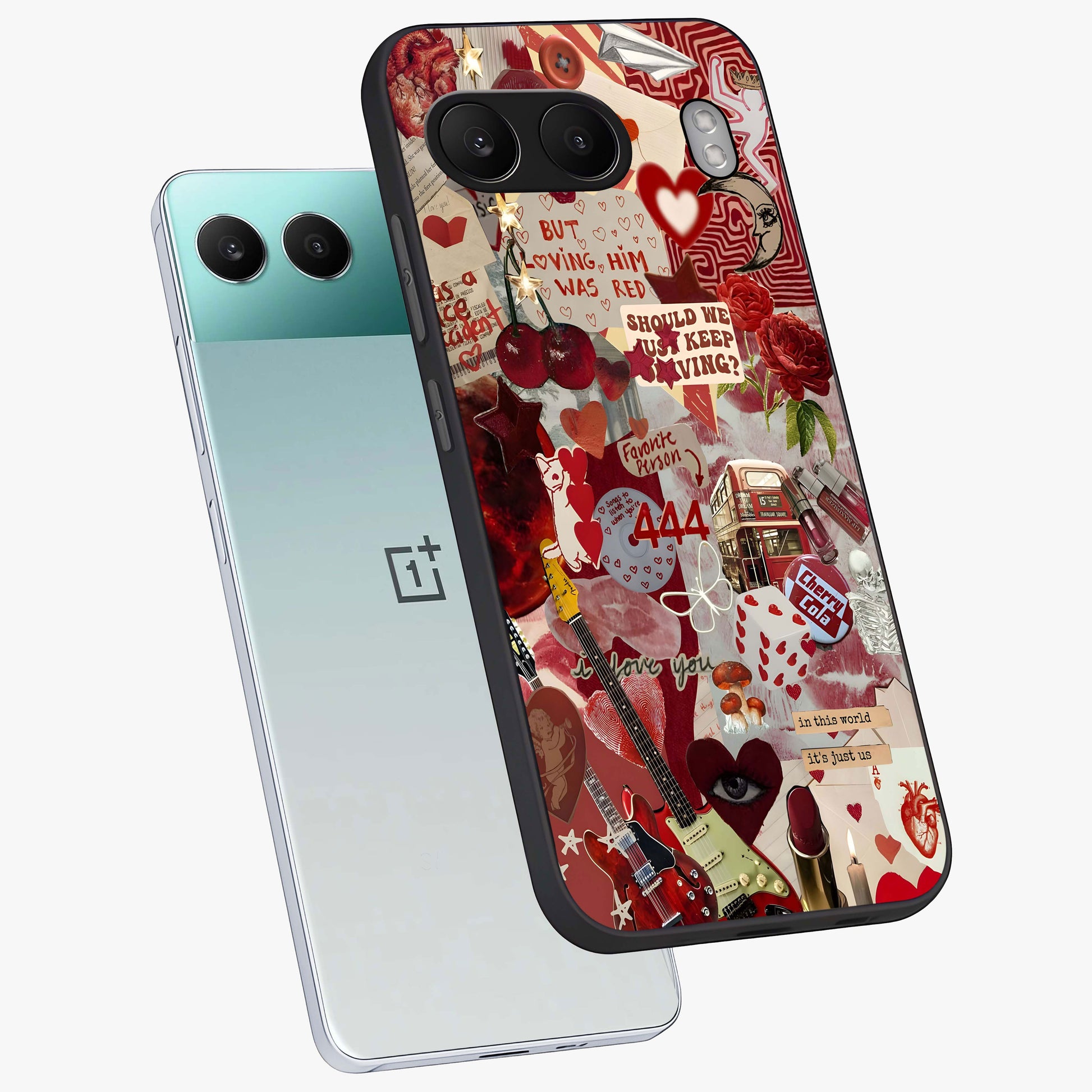 Lover’S Red Chaos Glass Case for 1+Nord 4 angled mockup showcasing glossy finish and dramatic crimson tones