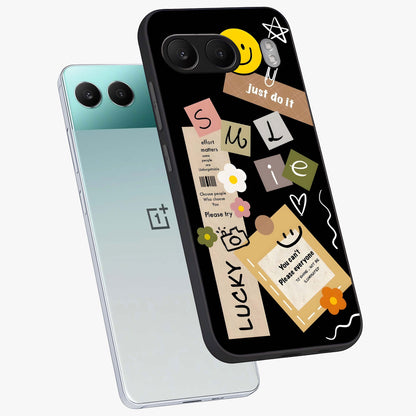 Lucky Aesthetic Collage Case Glass Case for 1+Nord 4 angled mockup showcasing glossy finish and colorful textures
