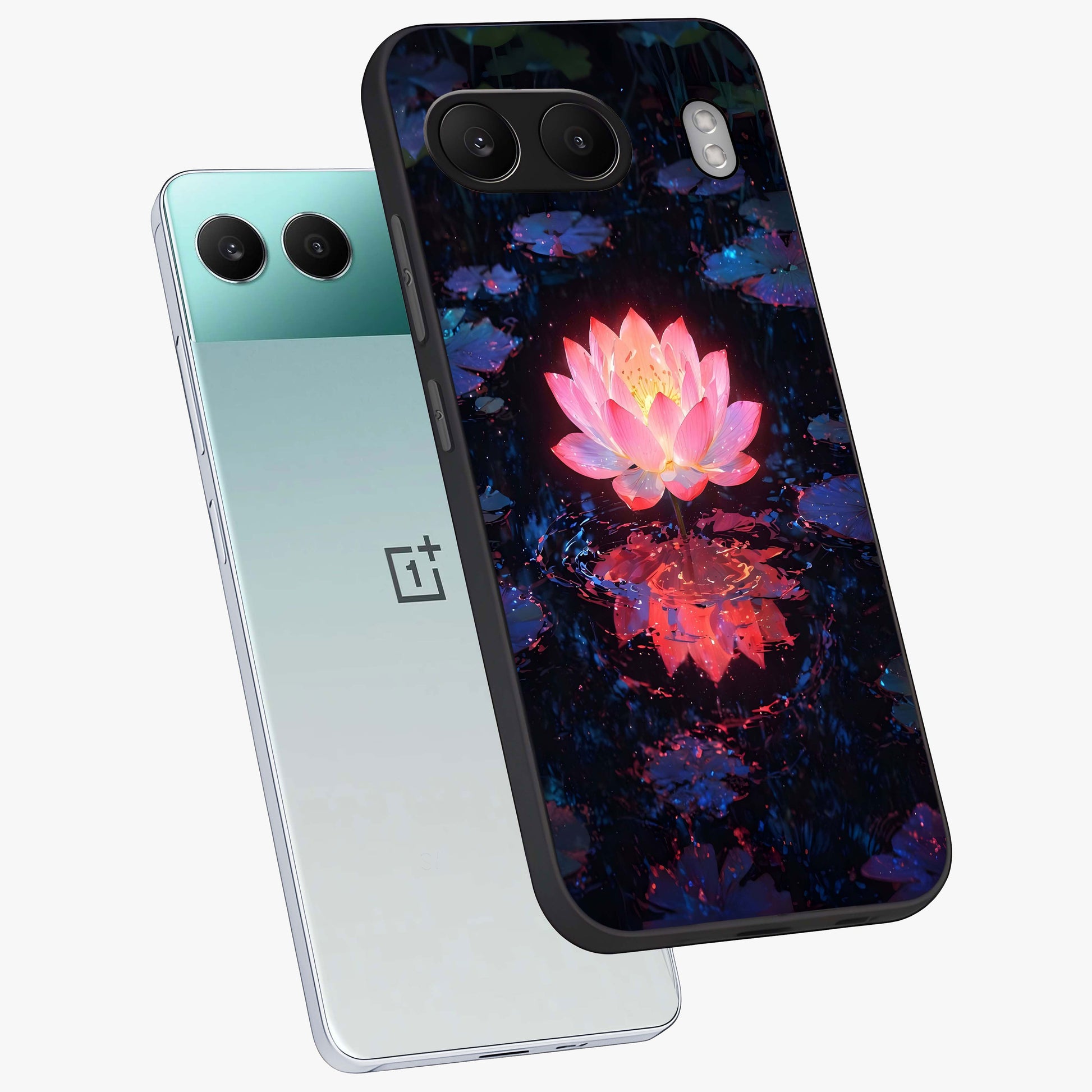 Luminous Lotus Glow Glass Case for 1+Nord 4 angled mockup showcasing glossy finish and warm luminous tones