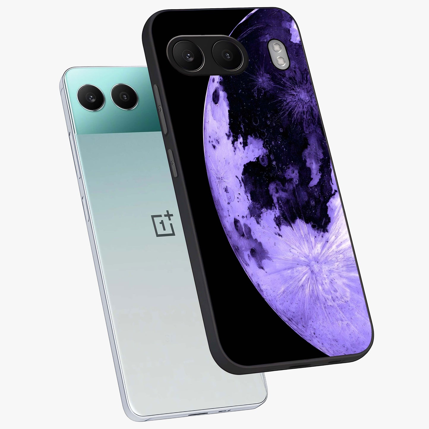 Lunar Glow in Violet Glass Case for 1+Nord 4 angled mockup showcasing glossy finish and soft purple gradients