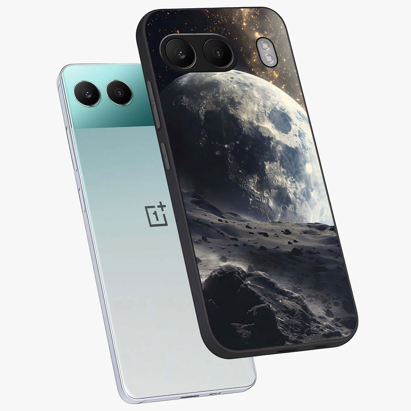 Lunar Horizon Glow Glass Case for 1+Nord 4 angled mockup showcasing glossy finish and warm night tones