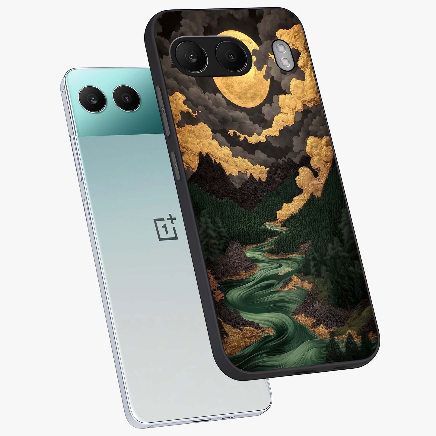 Lunar Silk Garden Glass Case for 1+Nord 4 angled mockup showcasing glossy glass finish and silky gradient textures