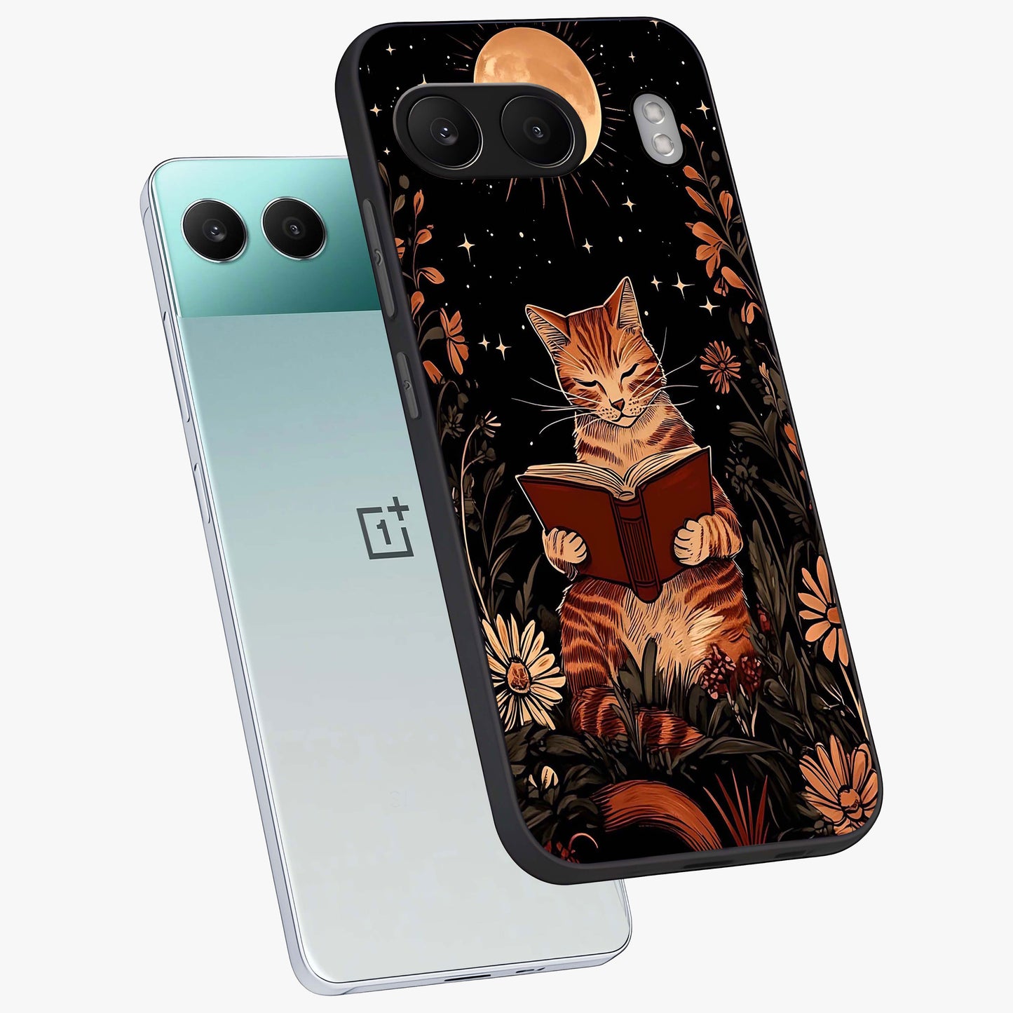 Magical Cat Chronicle Glass Case for 1+Nord 4 angled mockup showcasing glossy finish and vibrant design tones
