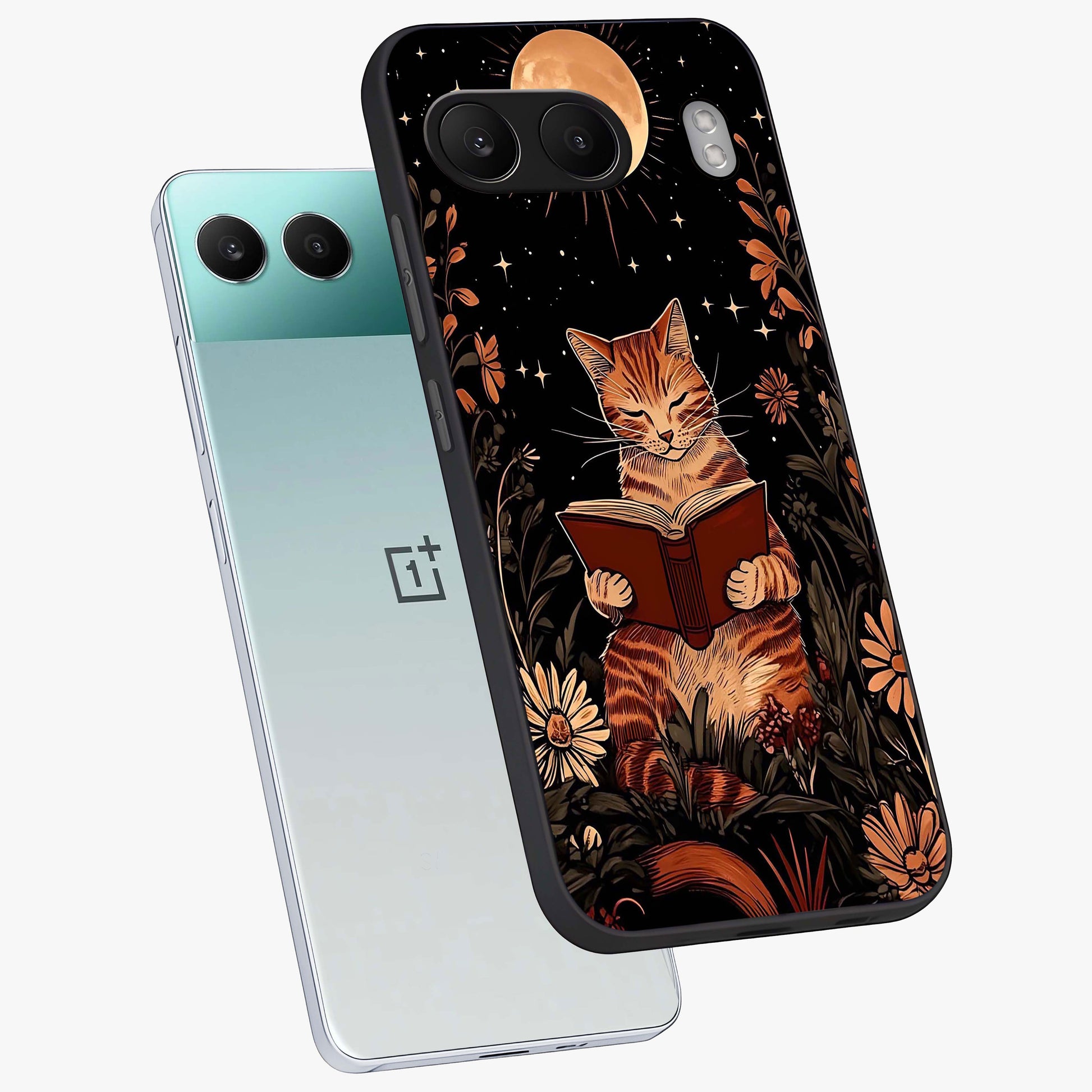 Magical Cat Chronicle Glass Case for 1+Nord 4 angled mockup showcasing glossy finish and vibrant design tones