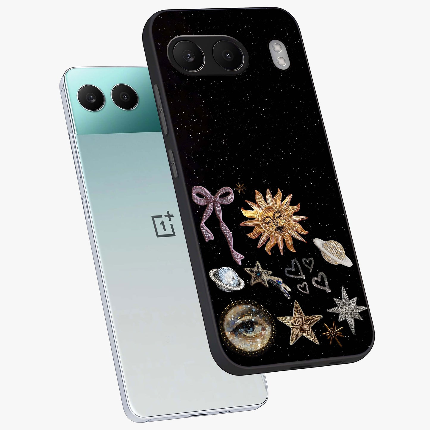 Magical Jewelry Vibe Glass Case for 1+Nord 4 angled mockup showcasing glossy finish and sparkling detailing