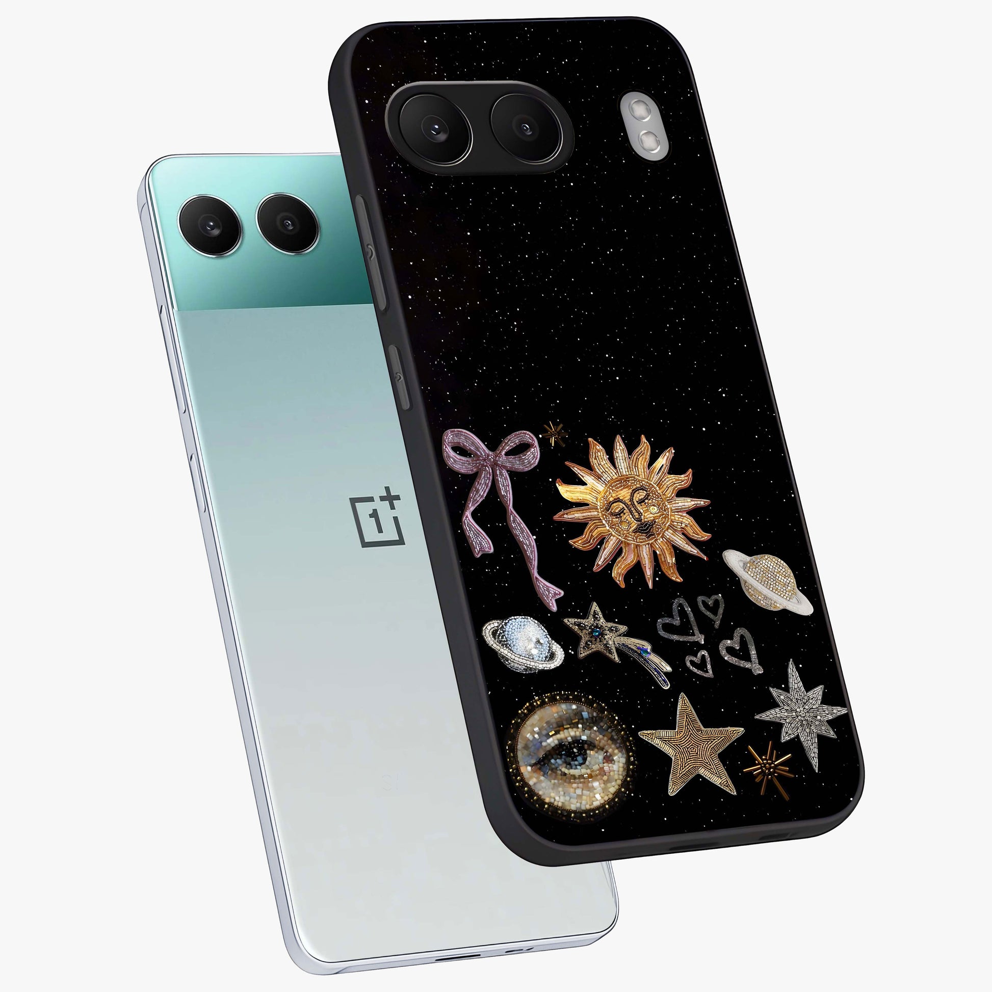 Magical Jewelry Vibe Glass Case for 1+Nord 4 angled mockup showcasing glossy finish and sparkling detailing