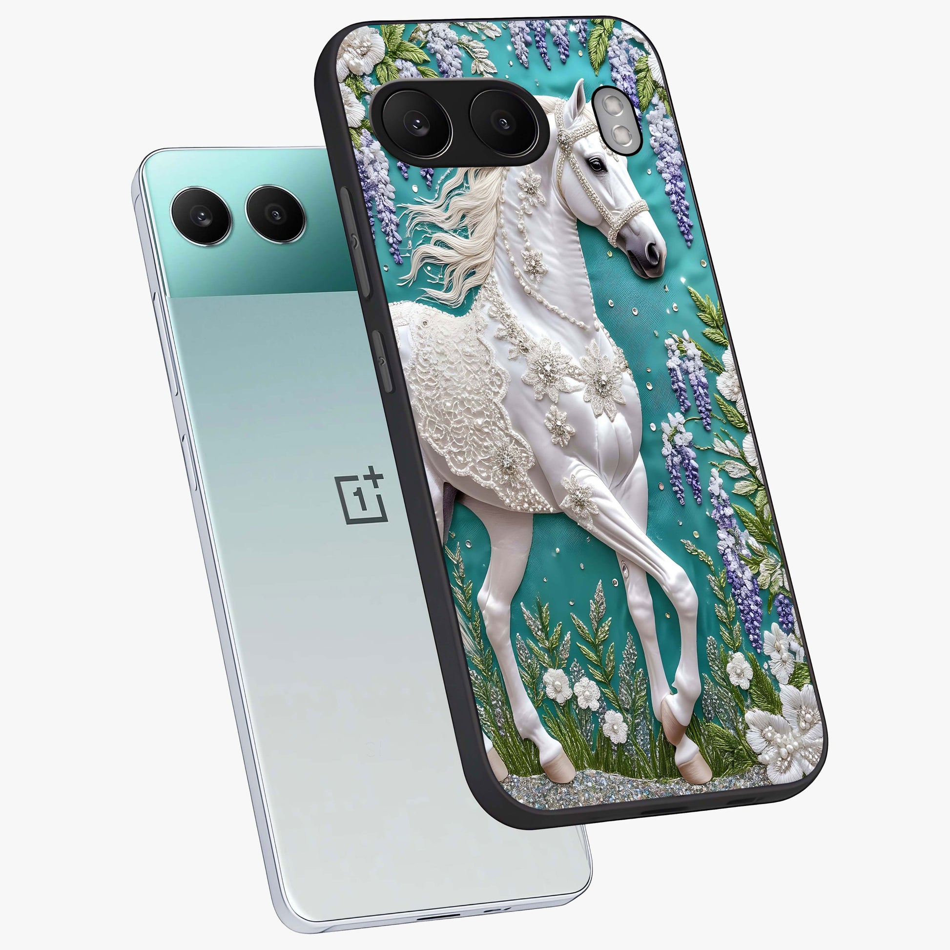 Majestic Floral Stallion Glass Case for 1+Nord 4 angled mockup showcasing glossy finish and vibrant artistic tones