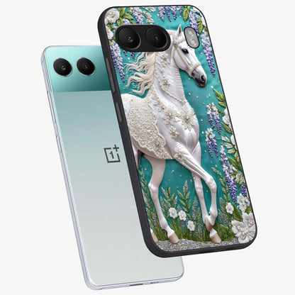 Majestic Floral Stallion Glass Case for 1+Nord 4 angled mockup showcasing glossy finish and vibrant artistic tones