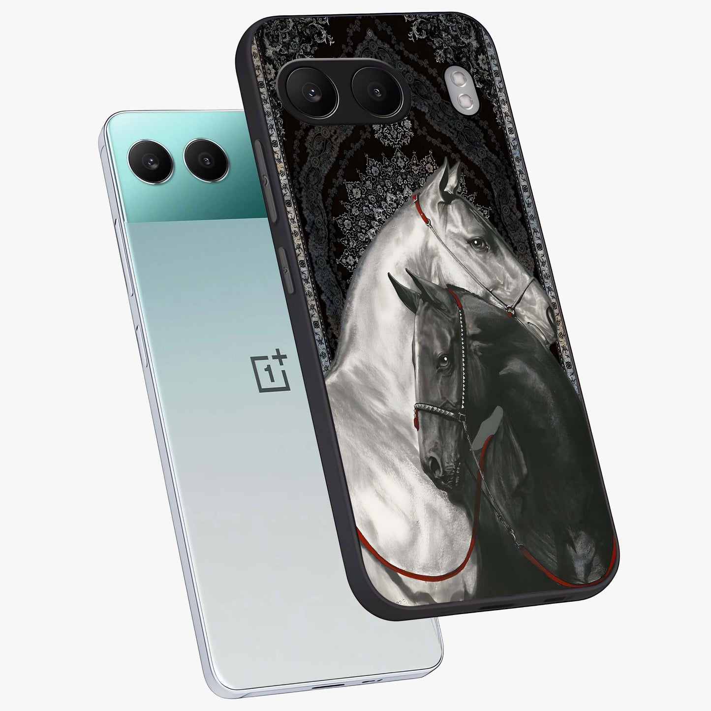 Majestic Ride Legacy Glass Case for 1+Nord 4 angled mockup showcasing glossy finish and strong graphic detailing