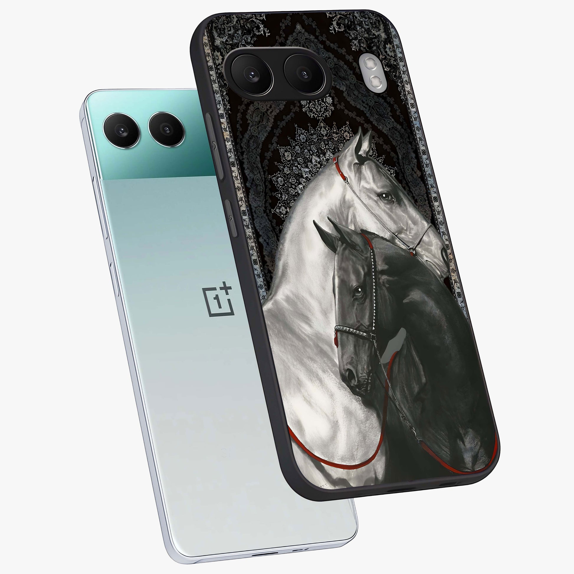 Majestic Ride Legacy Glass Case for 1+Nord 4 angled mockup showcasing glossy finish and strong graphic detailing