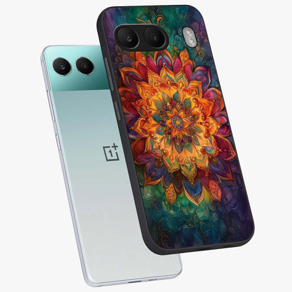 Mandala Vibrants Glass Case for 1+Nord 4 angled mockup showcasing glossy finish and intricate geometric detailing