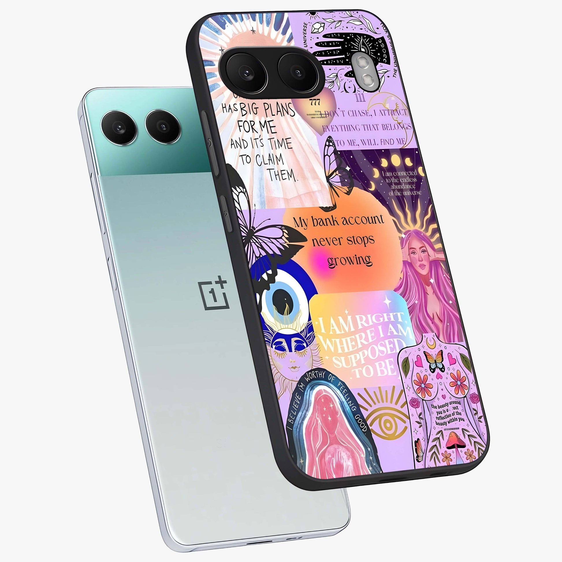 Manifestation Collage Glass Case for 1+Nord 4 angled mockup showcasing glossy finish and layered artistic textures