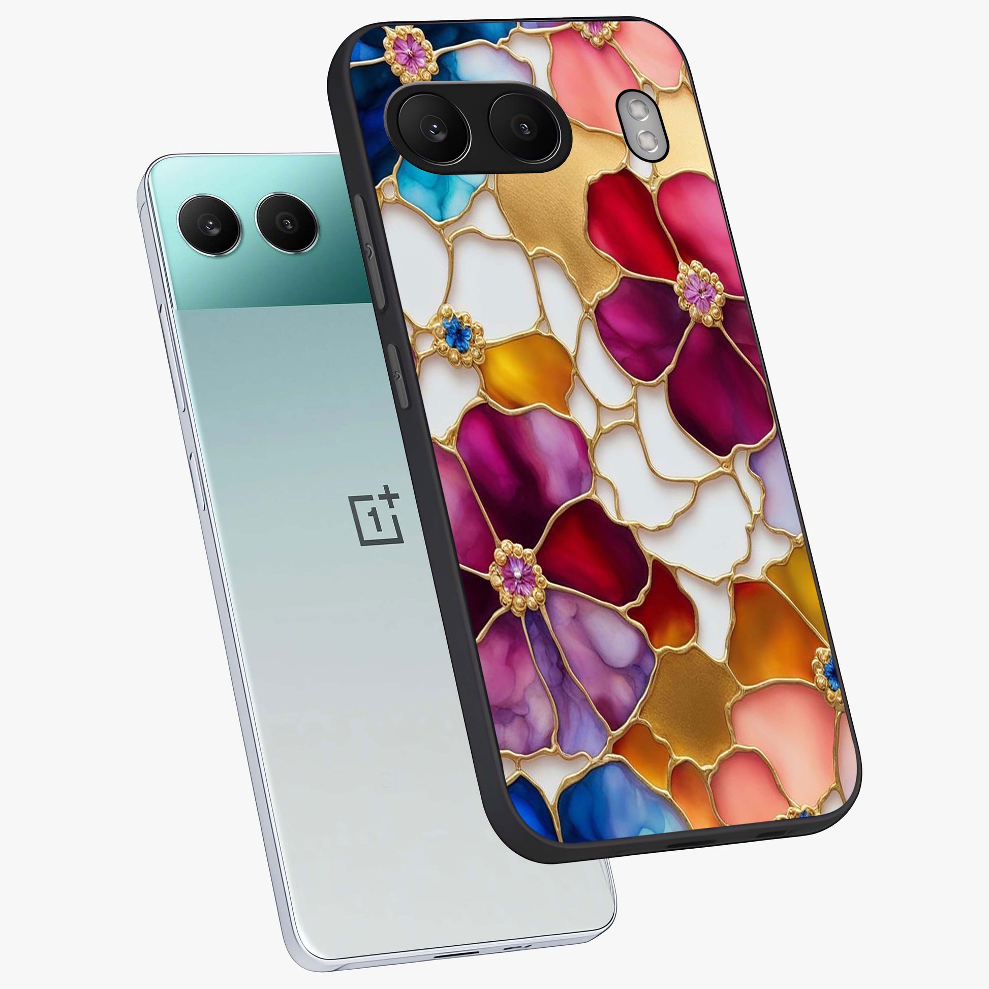 Marble Flower Pattern Glass Case for 1+Nord 4 angled mockup showcasing glossy finish and detailed bloom accents