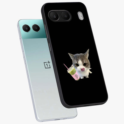 Matcha Cat Style Glass Case for 1+Nord 4 angled mockup showcasing glossy glass finish and playful pastel detailing