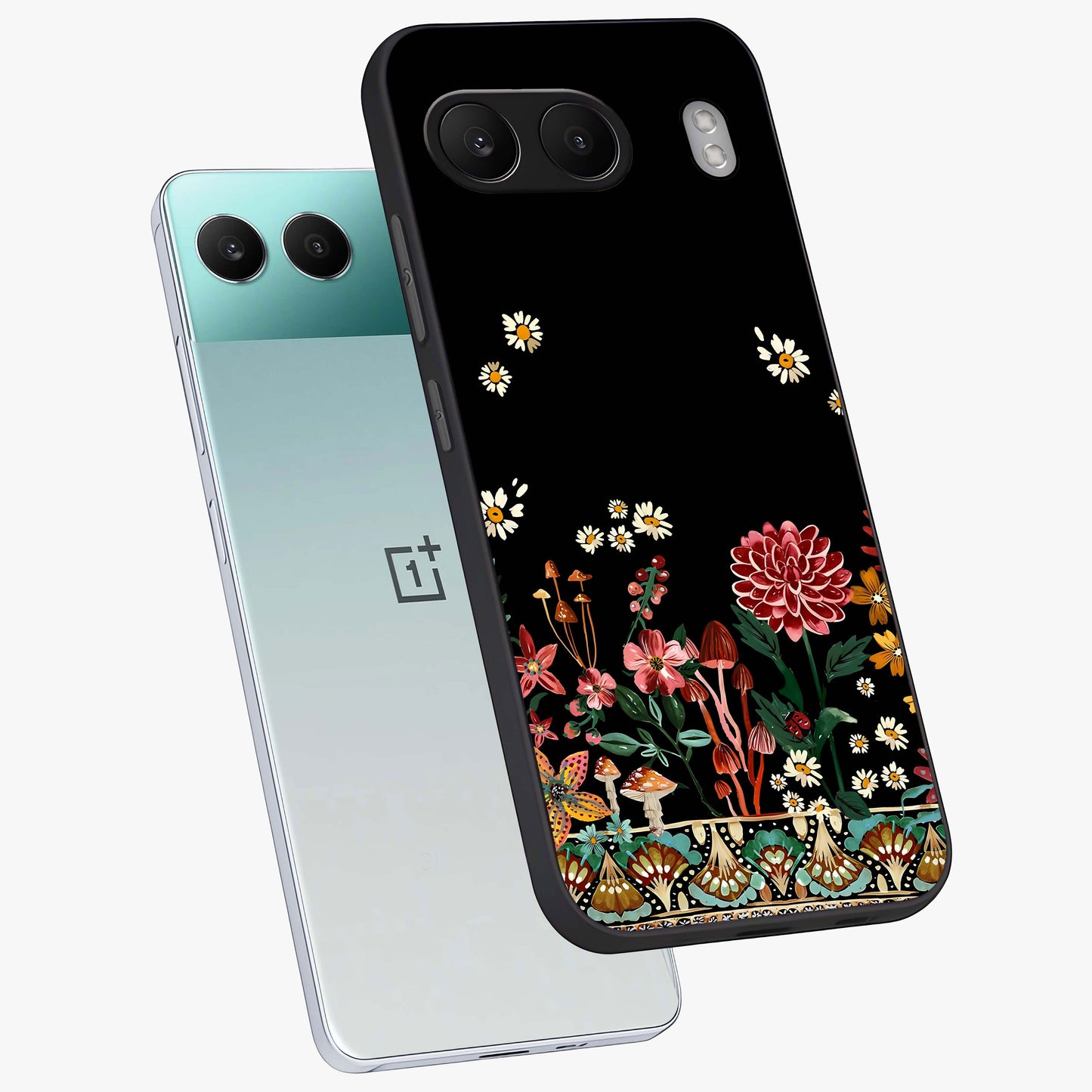 Midnight Bloom Pattern Glass Case for 1+Nord 4 angled mockup showcasing glossy finish and rich bloom detailing