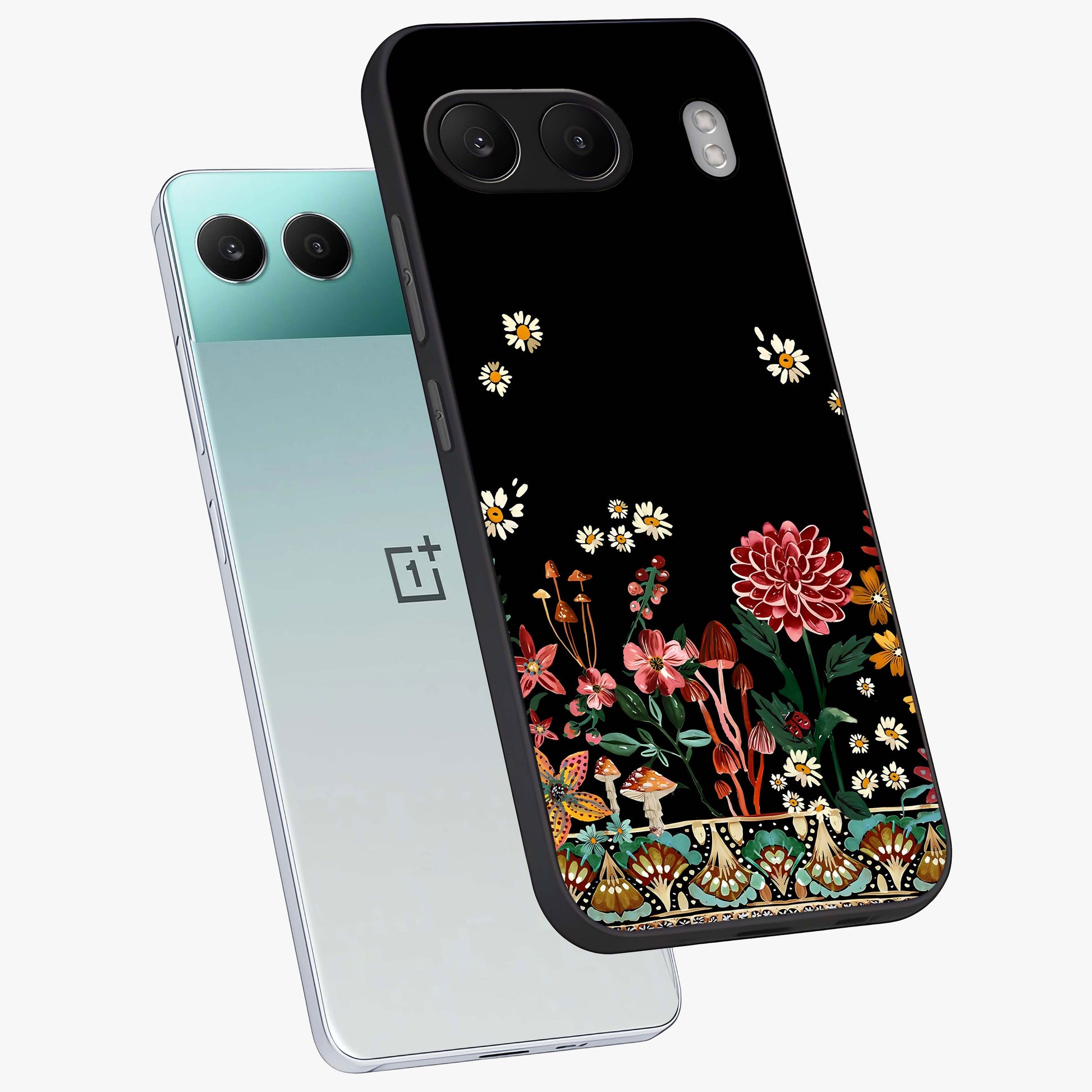 Midnight Bloom Pattern Glass Case for 1+Nord 4 angled mockup showcasing glossy finish and rich bloom detailing