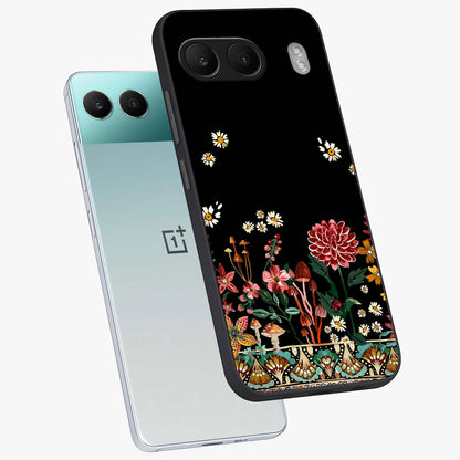 Midnight Bloom Pattern Glass Case for 1+Nord 4 angled mockup showcasing glossy finish and rich bloom detailing