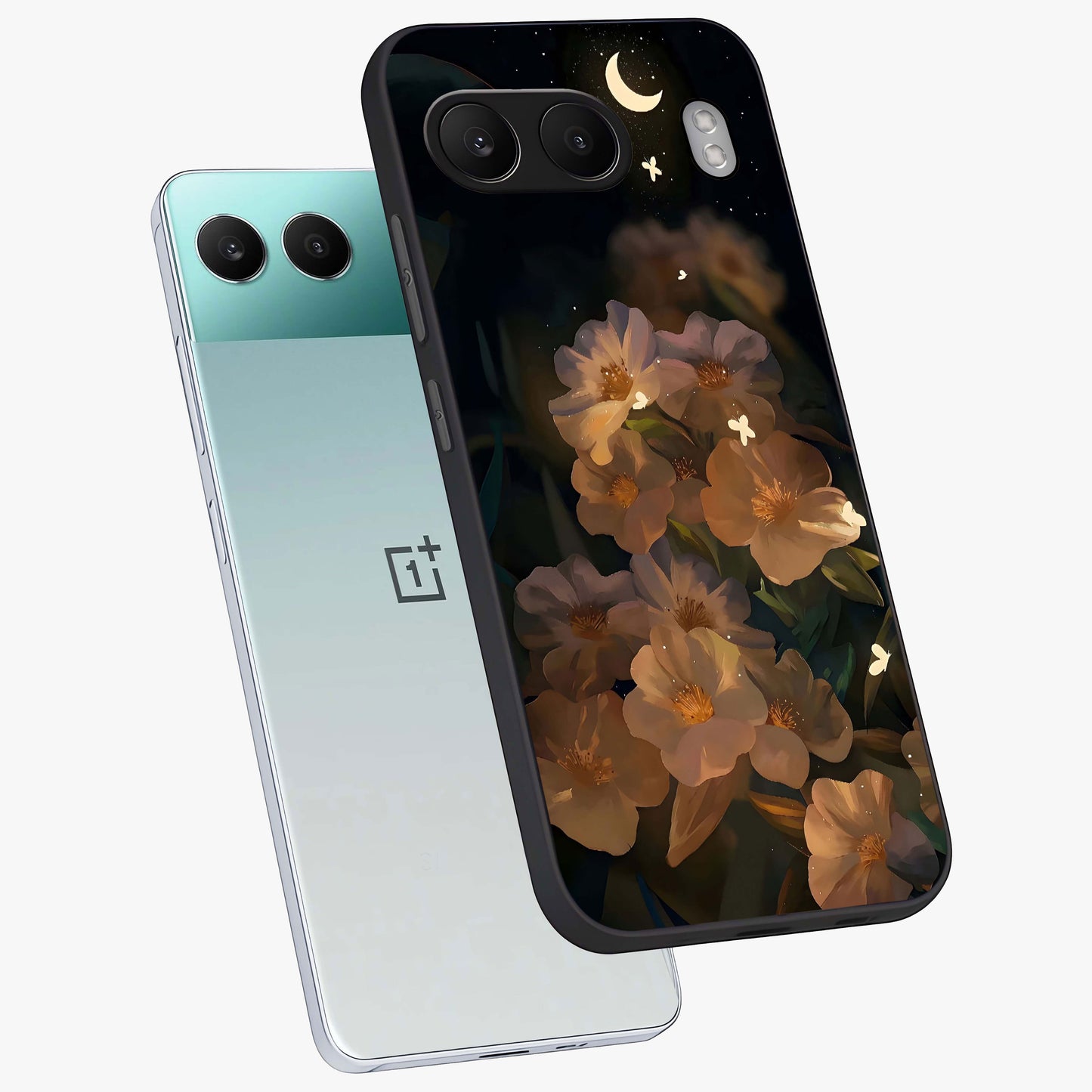 Midnight Bloom Trail Glass Case for 1+Nord 4 angled mockup showcasing glossy finish and luminous bloom accents