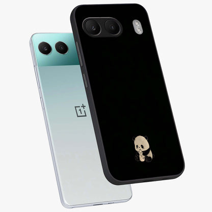 Midnight Panda Love Glass Case for 1+Nord 4 angled mockup showcasing glossy finish and soft contrast tones