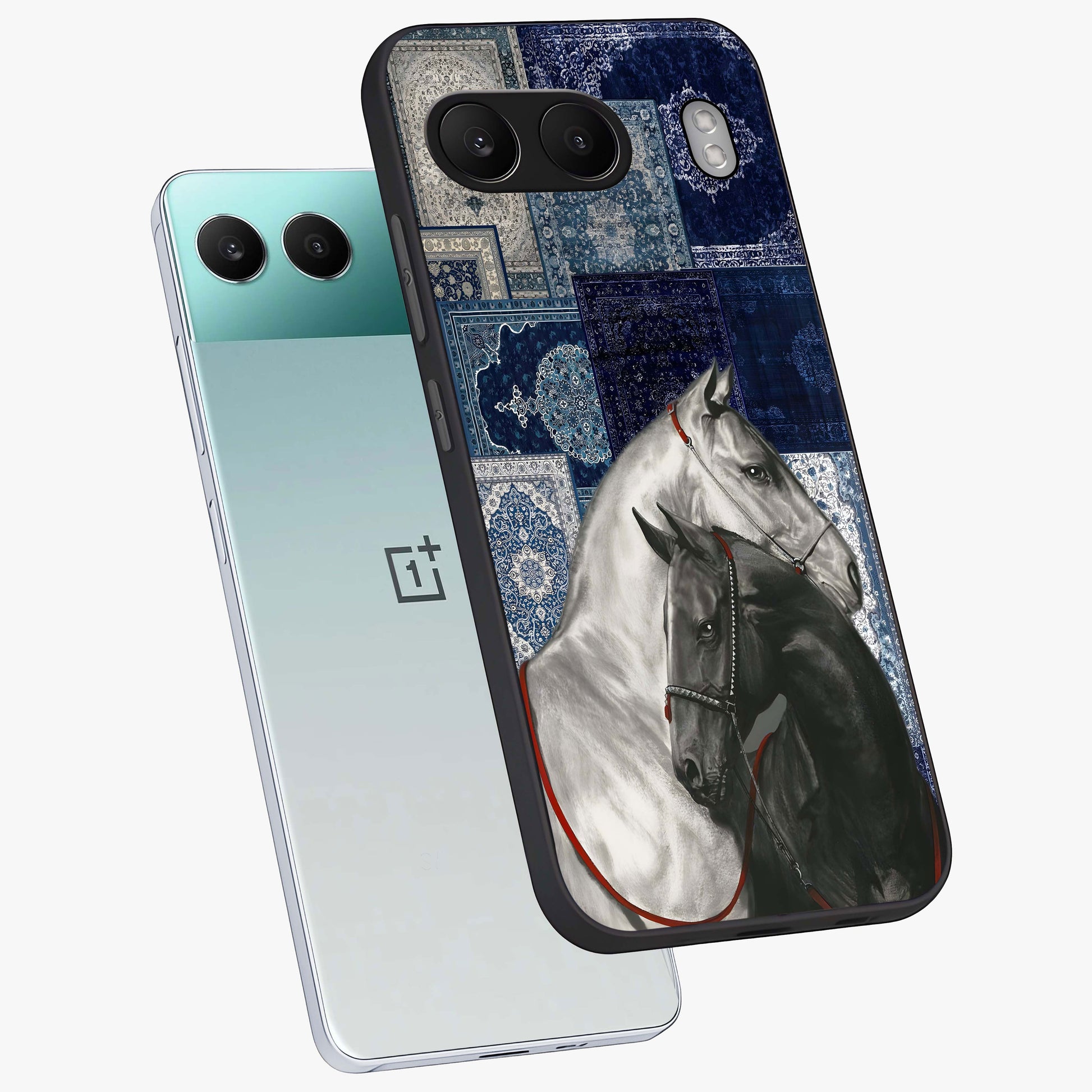 Midnight Stallion Blues Glass Case for 1+Nord 4 angled mockup showcasing glossy finish and dramatic equestrian detailing