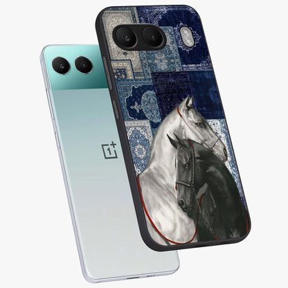 Midnight Stallion Blues Glass Case for 1+Nord 4 angled mockup showcasing glossy finish and dramatic equestrian detailing