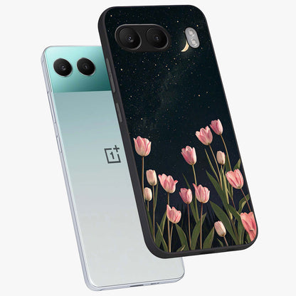 Midnight Tulip Whispers Vibe Glass Case for 1+Nord 4 angled mockup showcasing glossy finish and subtle bloom detailing