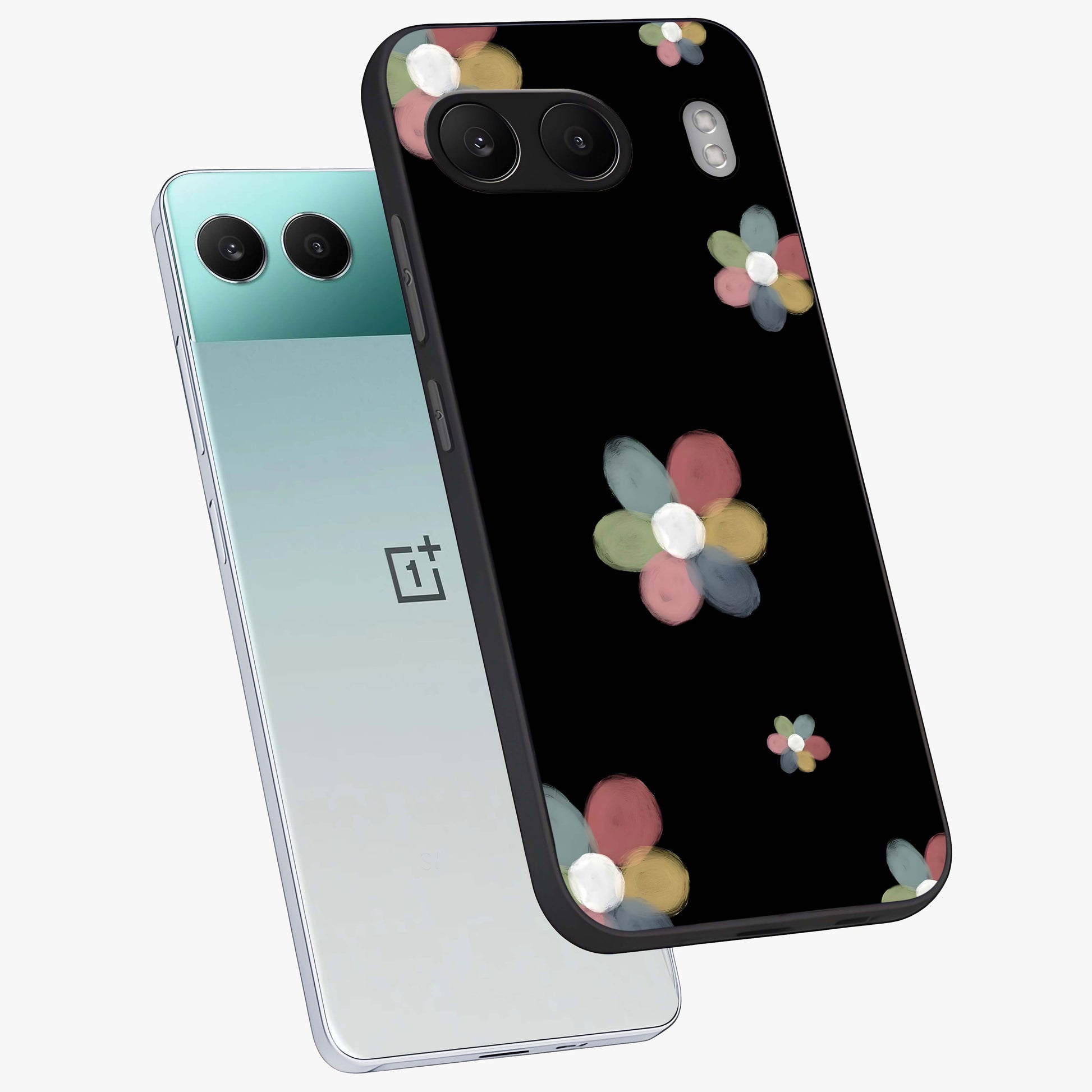 Minimal Floral Charm Glass Case for 1+Nord 4 angled mockup showcasing glossy finish and soft pastel tones