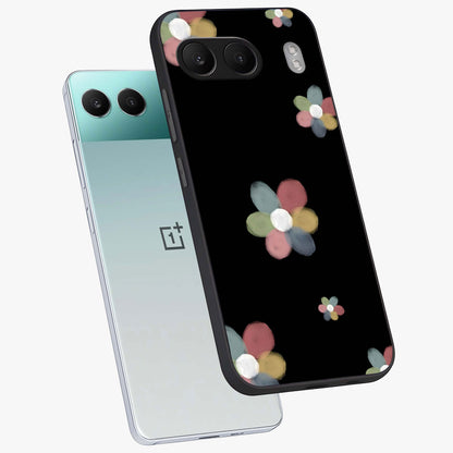 Minimal Floral Charm Glass Case for 1+Nord 4 angled mockup showcasing glossy finish and soft pastel tones